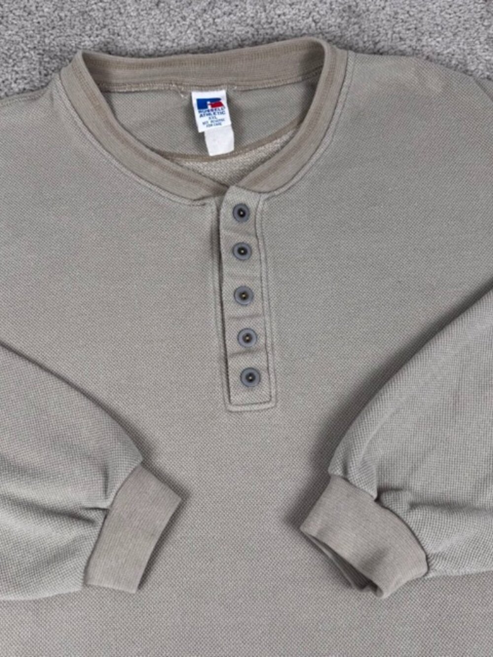 Vintage Russell Athletic Henley Shirt Mens XXL Made USA Tan Waffle Knit 90s